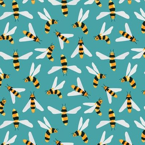 Friendly Gouache Bees on Teal - Scandi - Small Version