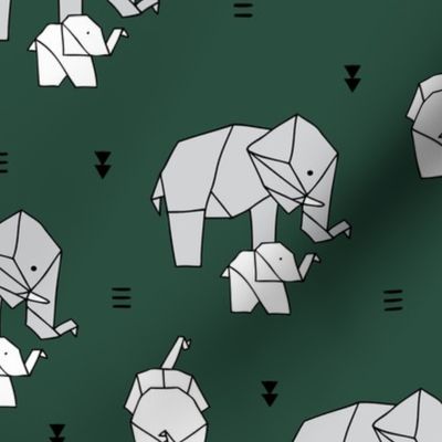 Sweet origami animal little baby elephant and mother sweet neutral boho nursery geometric design forest green