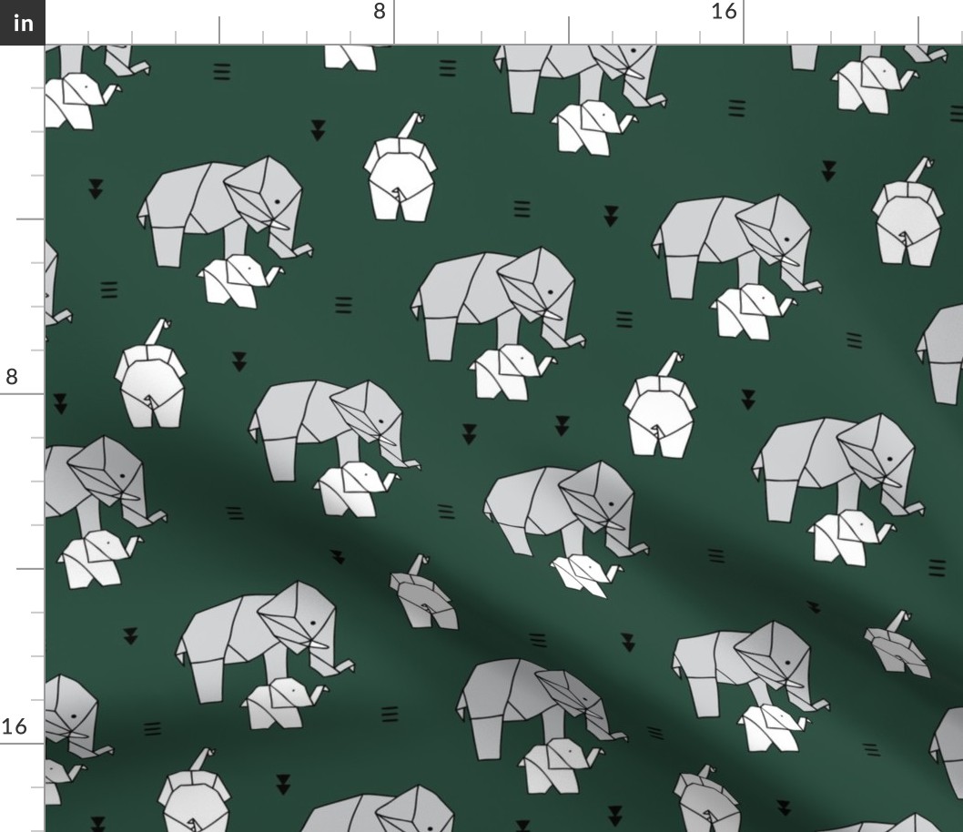 Sweet origami animal little baby elephant and mother sweet neutral boho nursery geometric design forest green