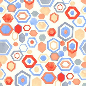Gouache Hexagons - Pastel Reds & Blues - Medium Scale