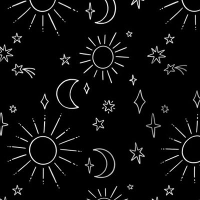 celestials doodles on a black background