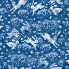 Winter Hares White Rabbits Snow Field Forest Wool Texture Pattern Classic Blue
