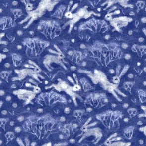 Winter Hares Jumping Rabbits Snow Field Forest Wool Texture Pattern Ultramarine Blue