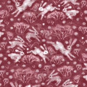 Winter Hares White Rabbits Snow Field Forest Wool Texture Pattern Maroon