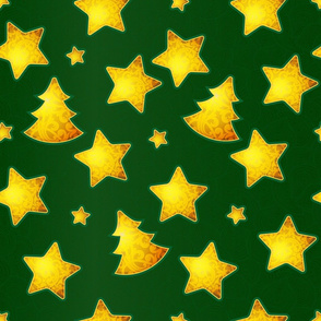 Gold Christmas Trees & Stars On Green Background