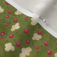 Stringing_Popcorn Cranberries Gold on Green Ditsy Print for Christmas Table Linens