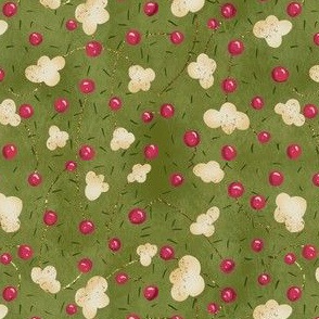 Stringing_Popcorn Cranberries Gold on Green Ditsy Print for Christmas Table Linens