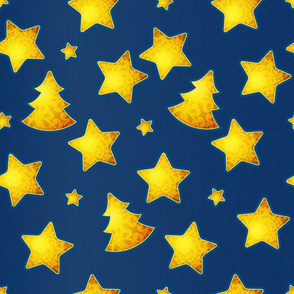 Gold Christmas Trees & Stars On Blue Background