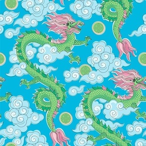 Colorful Fly Dragons on blue