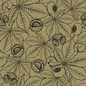 Brass gold leaves and chestnuts seamless pattern