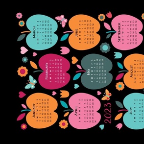 2023 Tea Towel Calendar with Apples - pink, orange, teal on dark background