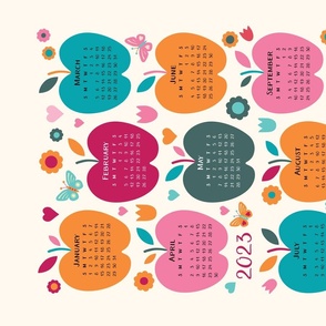 2023 Tea Towel Calendar with Apples - pink, orange, teal on light background