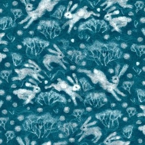 Winter Hares White Rabbits Snow Field Forest Wool Texture Pattern Teal