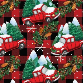 Red Trucks With Christmas Trees on Plaid