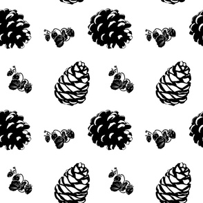 pinecones and forest berries pattern black white