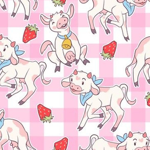 Frolicking Strawberry Cows on Gingham