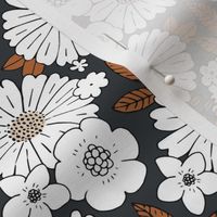 Scandinavian vintage style daisy flower garden boho botanical autumn winter christmas leaves and blossom neutral nursery charcoal gray white copper brown