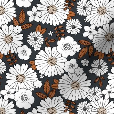 Scandinavian vintage style daisy flower garden boho botanical autumn winter christmas leaves and blossom neutral nursery charcoal gray white copper brown