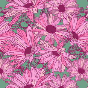 Botanical Daisies - Pink on Green