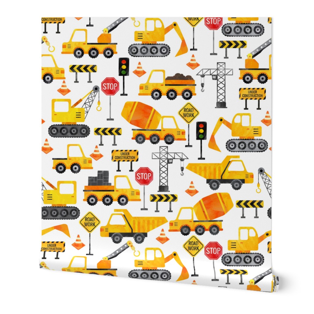 watercolor road work construction vehicles small