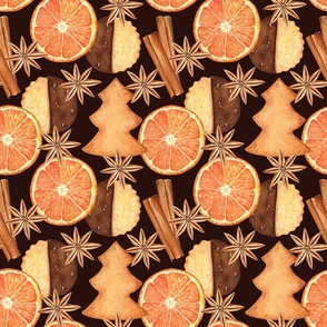 Christmas tree gingerbread, oranges and spices (on brown)