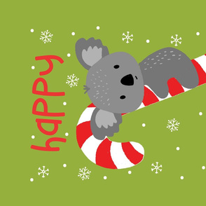 Koala Candy Cane Happy Holidays Teatowel on Bright green