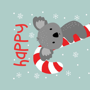 Koala Candy Cane Happy Holidays Teatowl on Blue