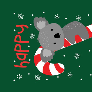 Koala Candy Cane Happy Holidays Teatowl on Dark Green