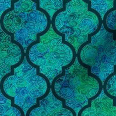 Dark teal Moroccan quatrefoil over blue-green swirls by Su_G_©SuSchaefer