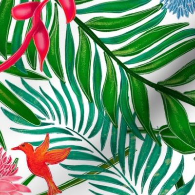 Hand drawn jungle pattern in shades of greens and pinks. White background.