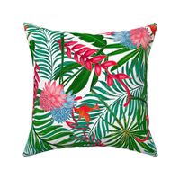 Hand drawn jungle pattern in shades of greens and pinks. White background.