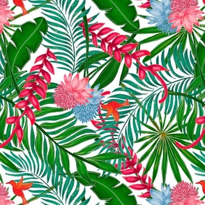 Hand drawn jungle pattern in shades of greens and pinks. White background.