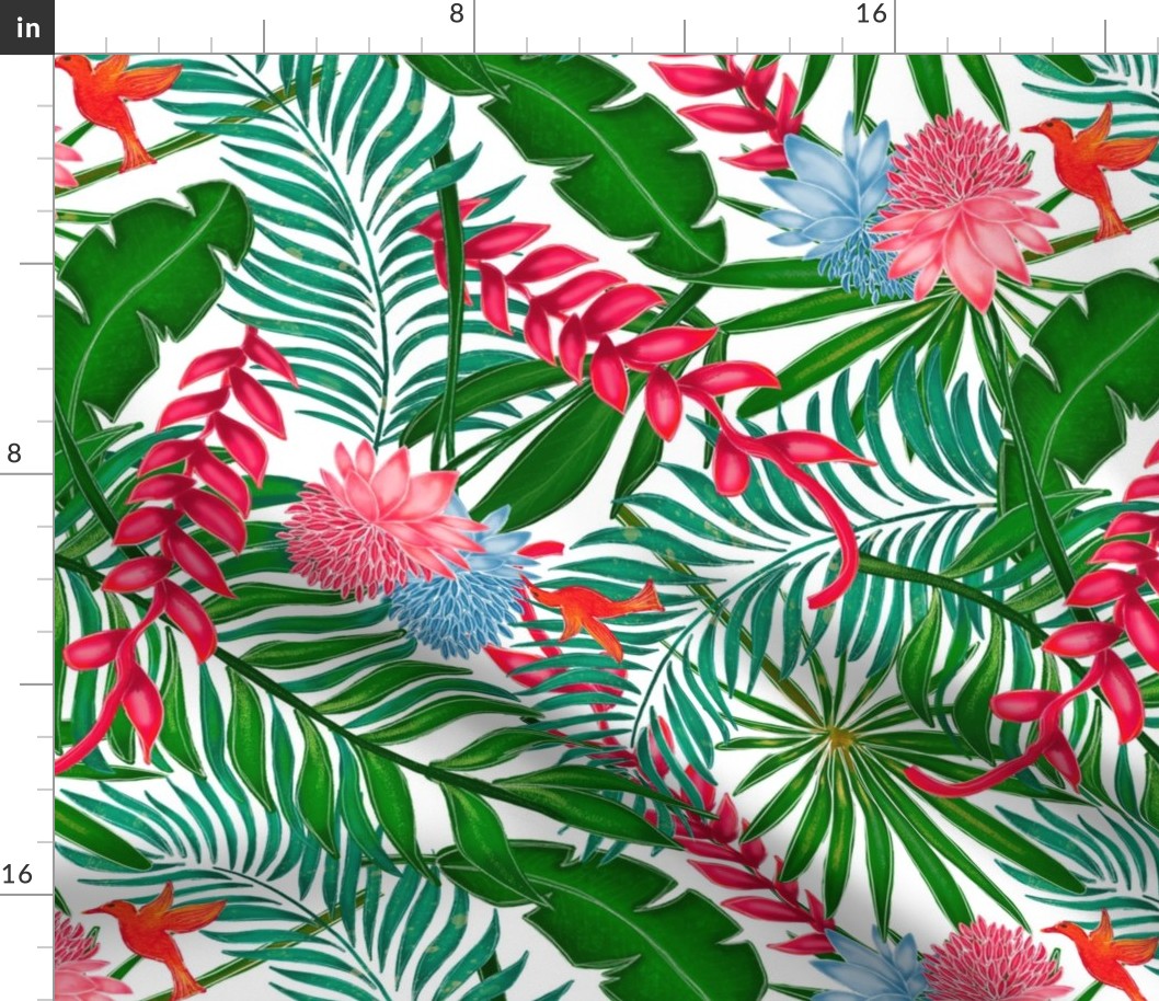 Hand drawn jungle pattern in shades of greens and pinks. White background.