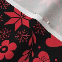 Black Red Snowflakes Floral Heart