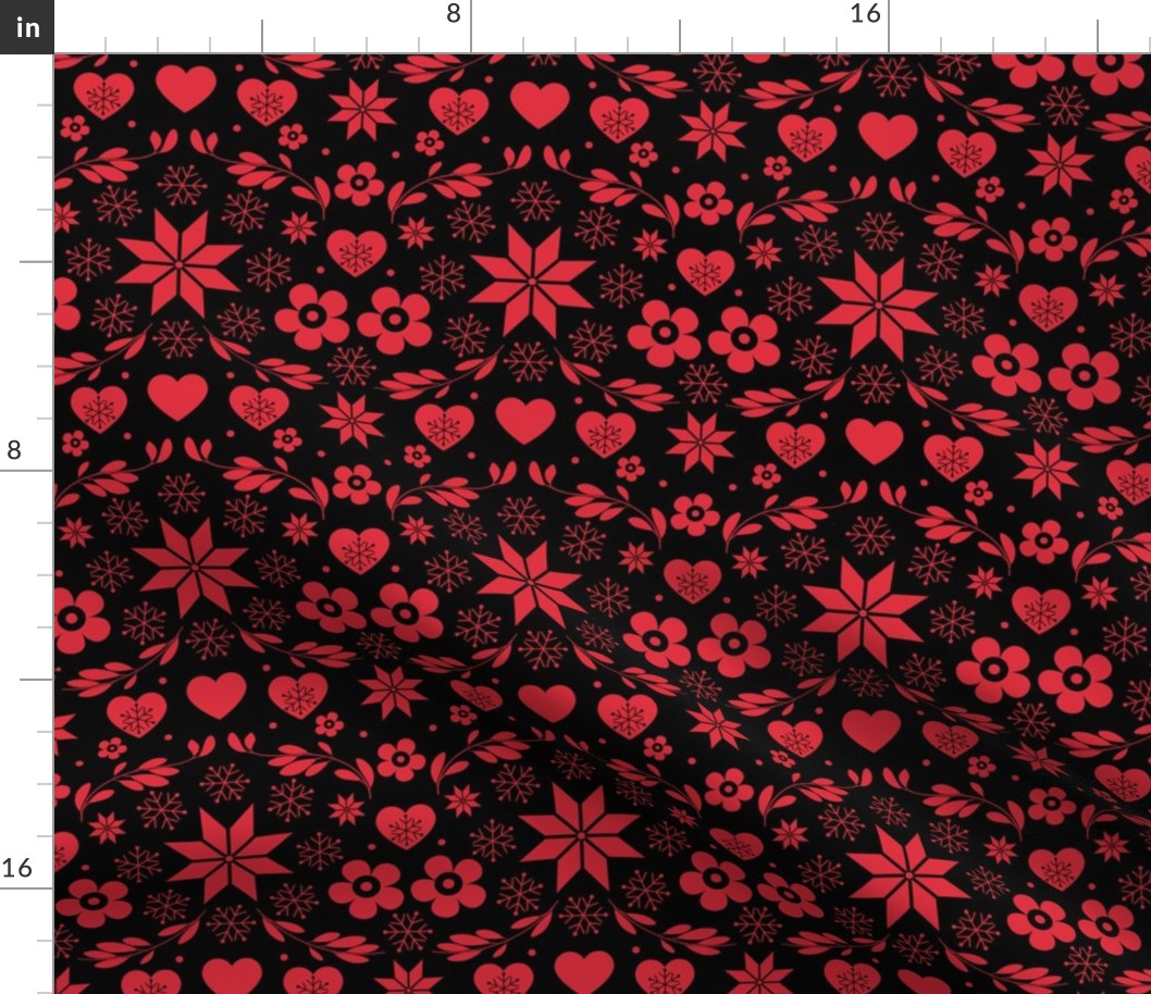 Black Red Snowflakes Floral Heart