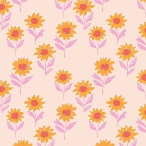 Messy sunflower garden daisy blossom and flower leaves boho nursery Scandinavian style pink yellow peach girls