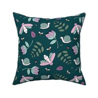 Little insects bugs night moth and bees botanical garden leaves kids design blue lilac green girls 