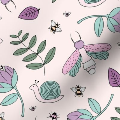 Little insects bugs night moth and bees botanical garden leaves kids design pale peach blush lilac green girls 