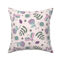 Little insects bugs night moth and bees botanical garden leaves kids design pale peach blush lilac green girls 