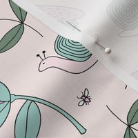 Little insects bugs night moth and bees botanical garden leaves kids design pale peach blush lilac green girls 