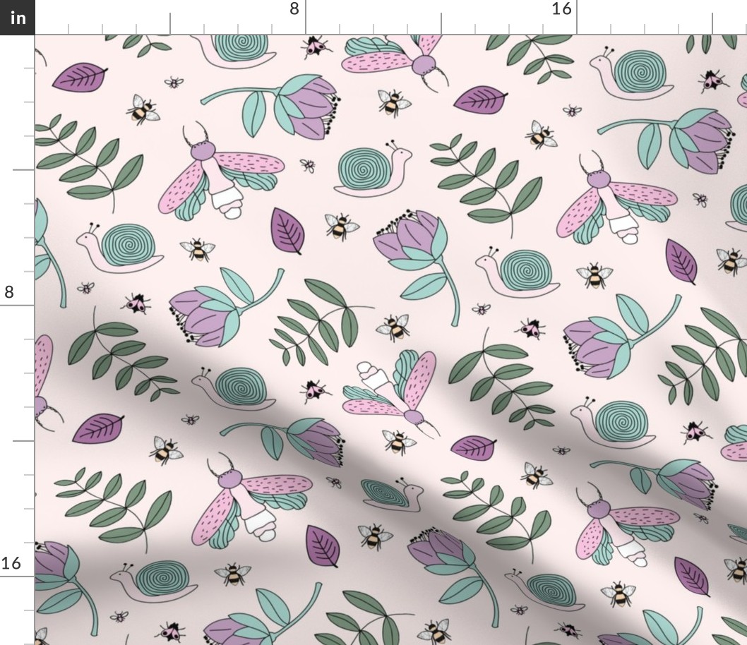 Little insects bugs night moth and bees botanical garden leaves kids design pale peach blush lilac green girls 