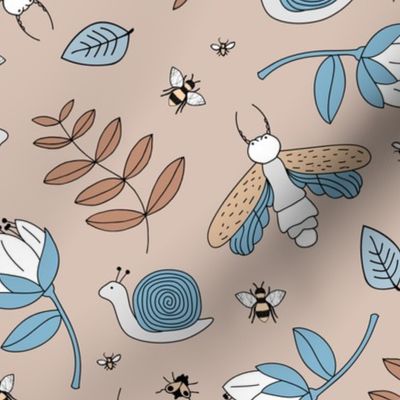 Little insects bugs night moth and bees botanical garden leaves kids design soft sand beige blue boys
