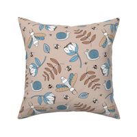 Little insects bugs night moth and bees botanical garden leaves kids design soft sand beige blue boys