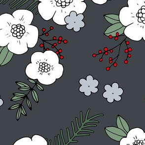 Christmas pine tree branches and blossom garden liberty flowers design boho nursery charcoal gray red green LARGE
