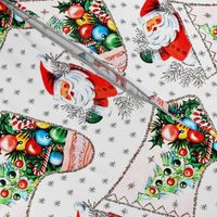 Merry Christmas Xmas santa Claus socks stocking presents gifts mistletoe leafs leaves candy canes streamers garland trim red green silver trees stars vintage retro kitsch pink white green blue