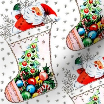 Merry Christmas Xmas santa Claus socks stocking presents gifts mistletoe leafs leaves candy canes streamers garland trim red green silver trees stars vintage retro kitsch pink white green blue