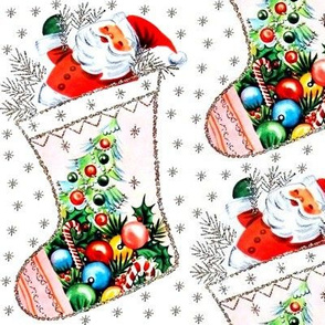 Merry Christmas Xmas santa Claus socks stocking presents gifts mistletoe leafs leaves candy canes streamers garland trim red green silver trees stars vintage retro kitsch pink white green blue