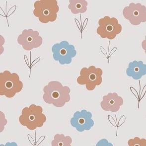 Floral Simplicity blue brown dusky pink / playful cute floral pattern design for kids