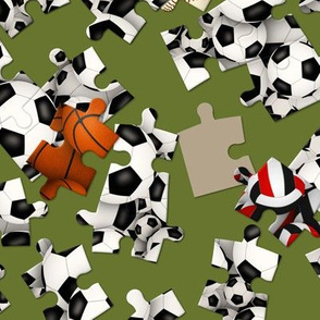 Soccer balls puzzle pieces pattern on loden green