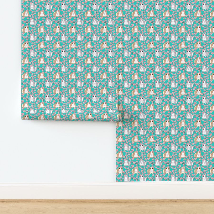 small guinea pigs and cherry blossoms on teal